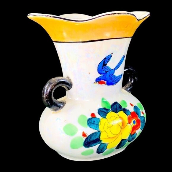 Vintage Art Pottery Vase Japan Hand Painted Luster Ware vase Bird Flowers 5”T 4W - Picture 4 of 8